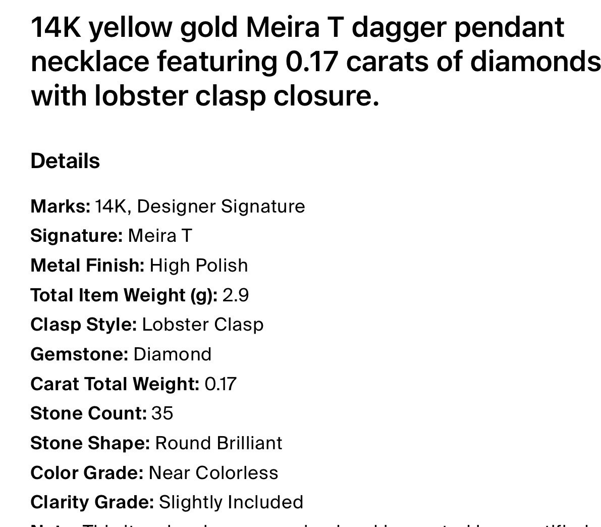 Meira T Womens 14K Yellow Gold Diamond Dagger Charm Necklace 18″ 2.6g