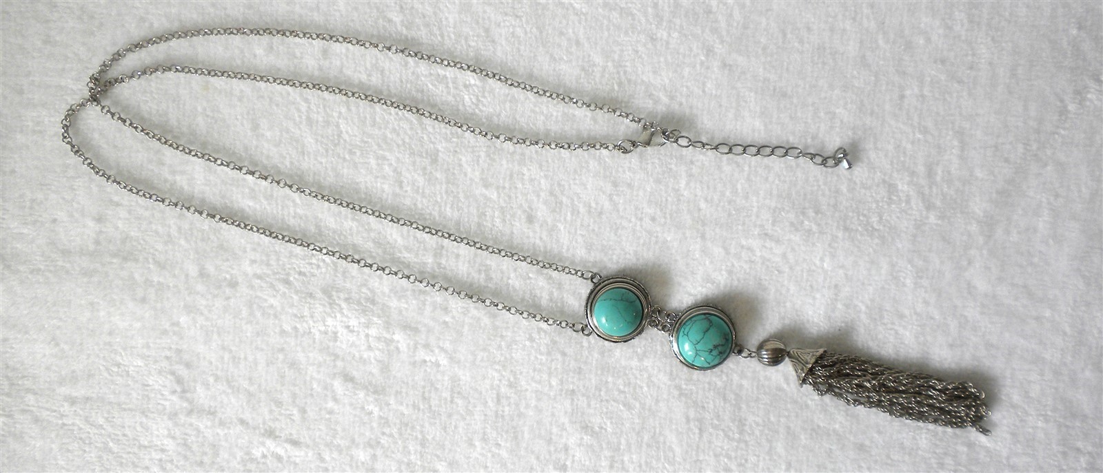 BIG SOUTHWESTERN STYLE TURQUOISE SILVERPLATE 30″ LARIAT PENDANT NECKLACE TASSEL