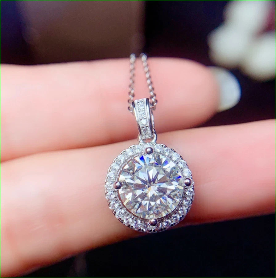 2.00Ct Lab Created Diamond Round Halo Pendant 18K White Gold Silver Plated 18”