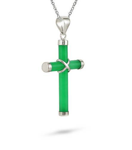 Sterling Silver Green Jade Cross Pendant .925 18 Inch Chain 1 1/2″ Drop