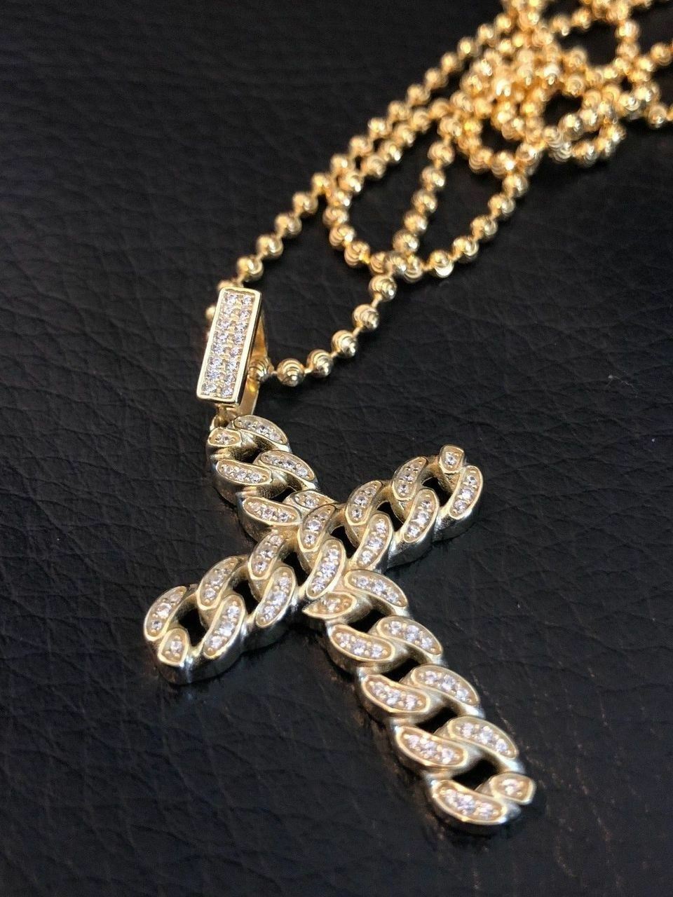 Cuban Link Cross Pendant W. Chain Sterling Silver 925 *14k Gold Plated* CZ