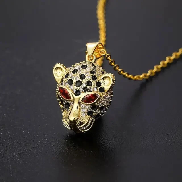 Unisex 2Ct Lab Created Ruby Leopard Face Pendant 14K Yellow Gold Plated Silver