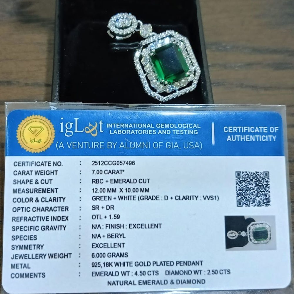 7Ct Emerald Cut Natural Green Emerald and Diamond Pendant 18K White Gold Plated