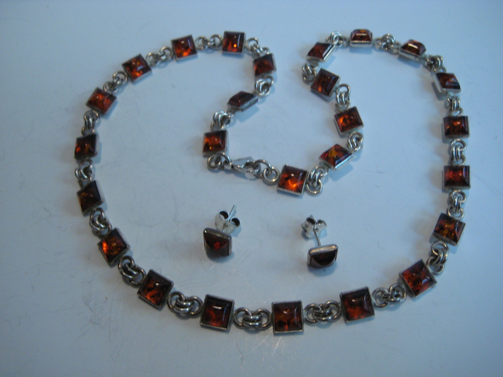 Sterling Silver Amber Tennis Choker Necklace 16″ Amber Stud Earrings Lot (B9)