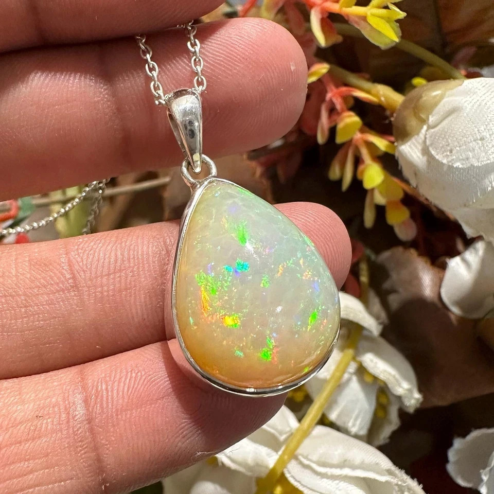 Natural 15 Ct Multicolor Opal 925 Solid Silver Pendant Gemstone Pear Cut