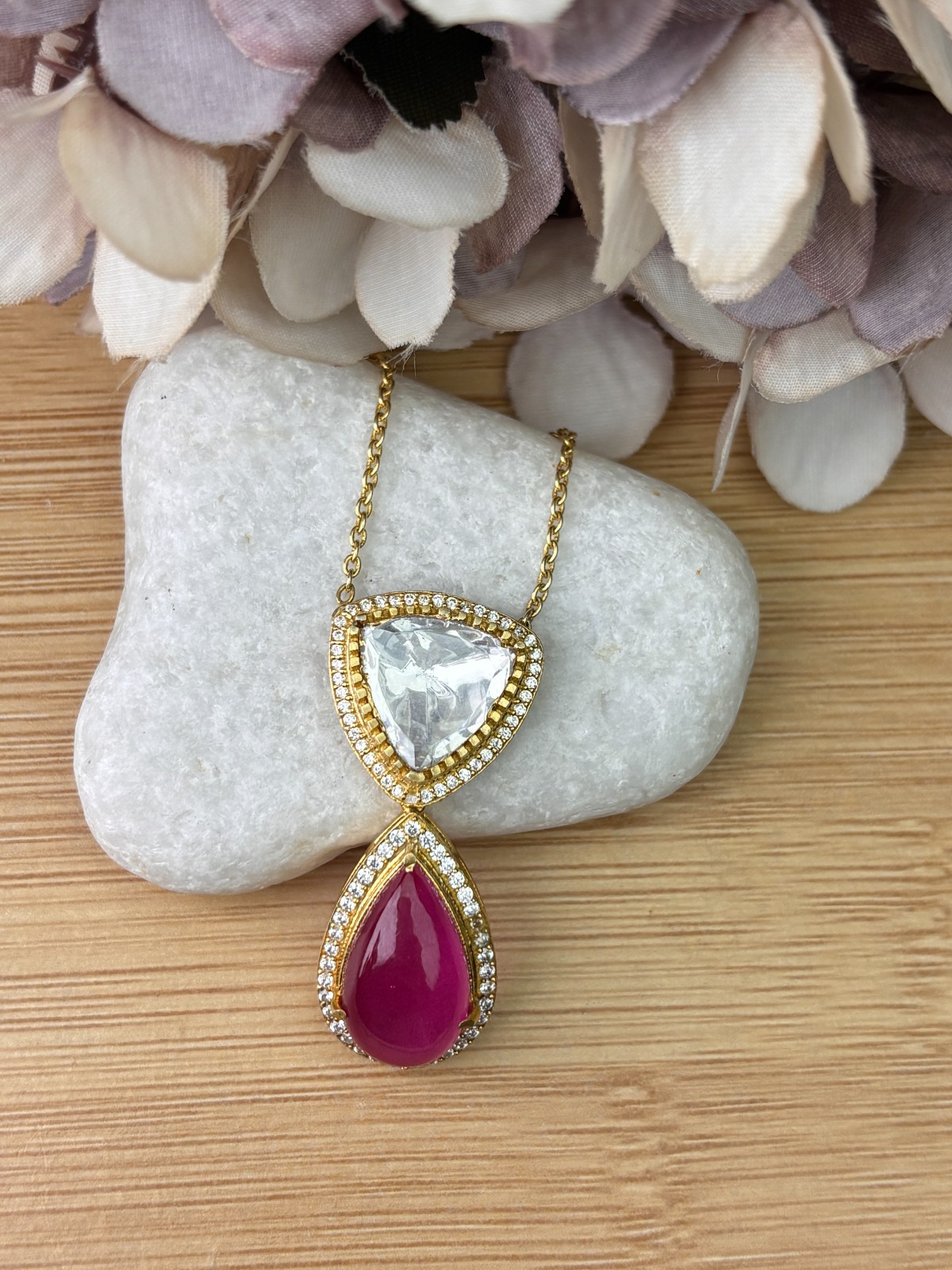925 Silver Pendant Trillion Clear & Pear Ruby Pink CZ Gold Tone For Women