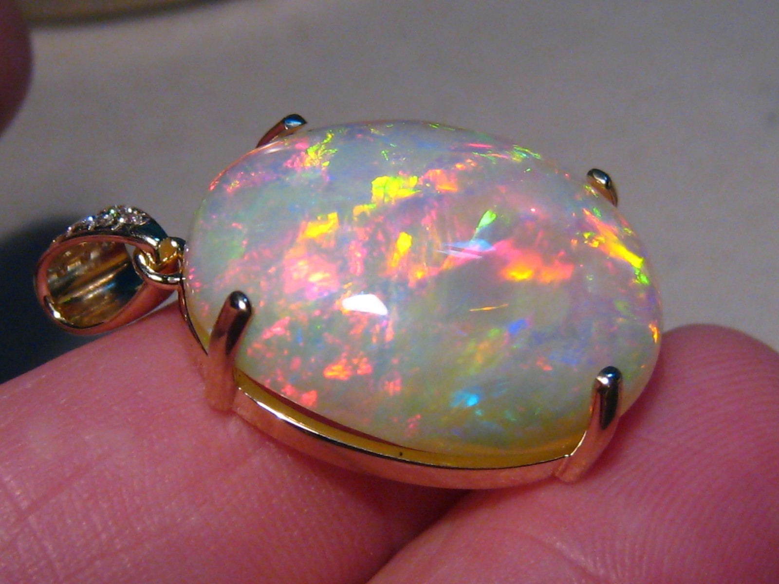 Large 25 ct Welo Opal & Diamond Pendant , Solid 14 k Gold , Brightness 5+