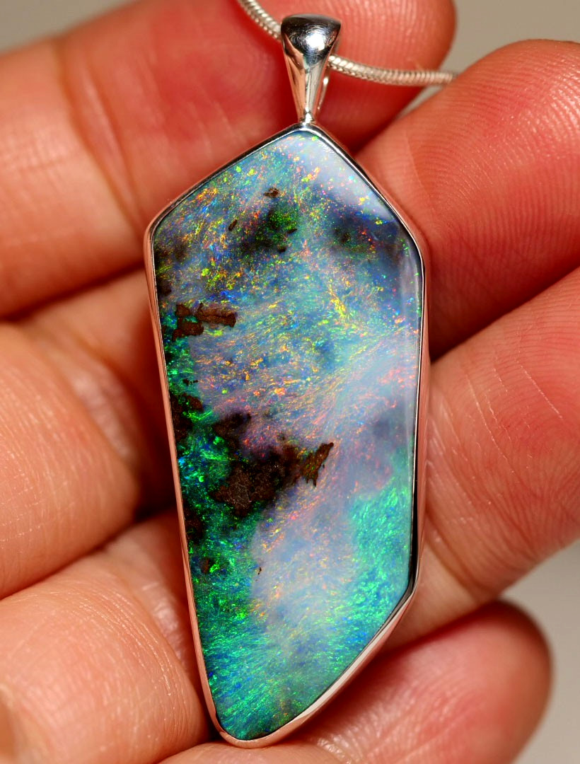BIG Australia Natural Queensland Solid Boulder Opal Silver 925 Pendant Hallmark