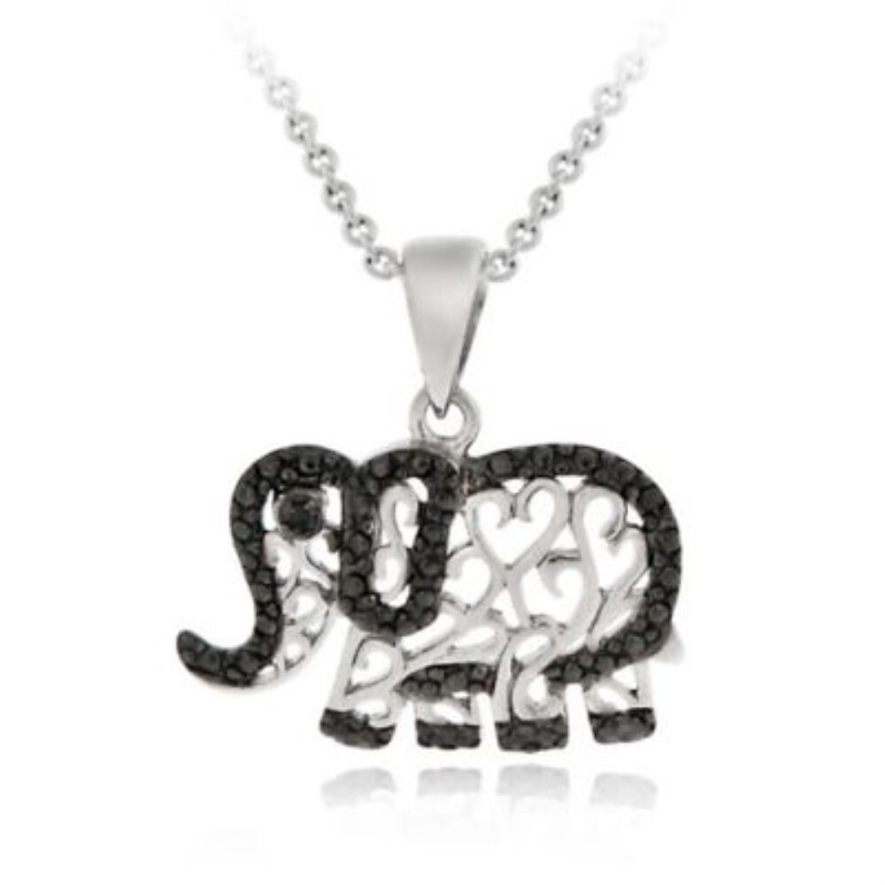 925 Silver Black Diamond Accent Elephant Necklace, 18″