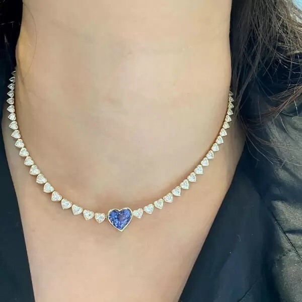38 Ctw Created Tanzannite & Diamond 14k White Gold Plated Heart Tennis Necklace