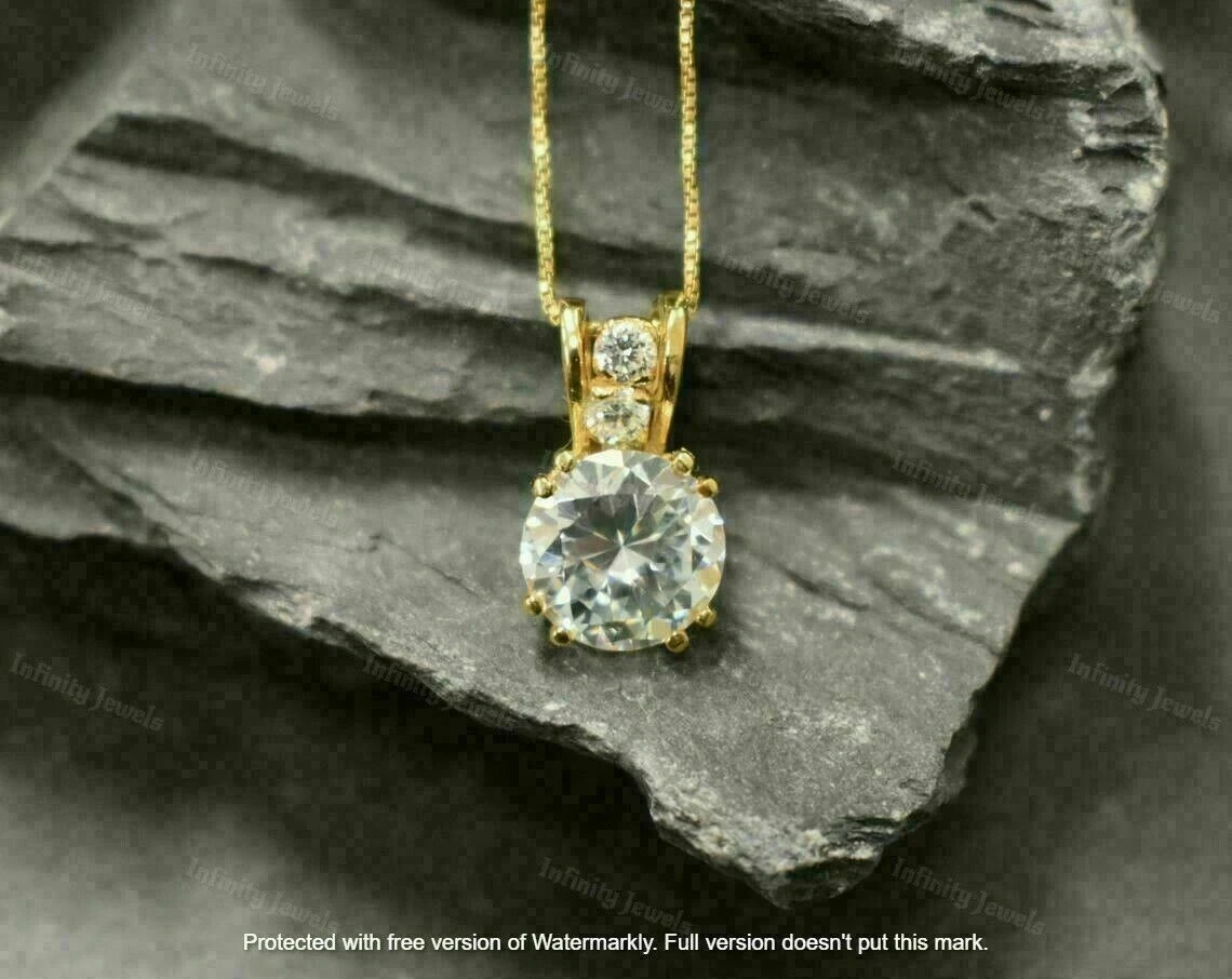 2Ct Round Cut VVS1/D Diamond Solitaire Pendant 14K Yellow Gold Finish Free Chain