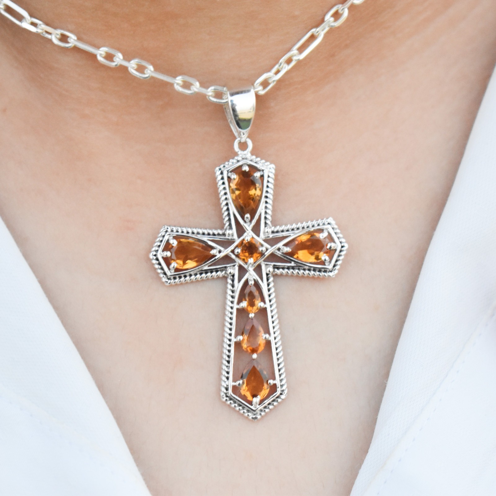 Natural Citrine Cross Pendant 925 Silver Women Pendant Gift For Girlfriend