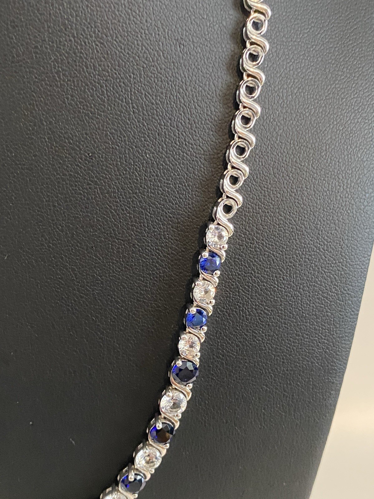 925 Sterling Silver Lab Created Blue & White Sapphire Tennis Necklace Signed EMA