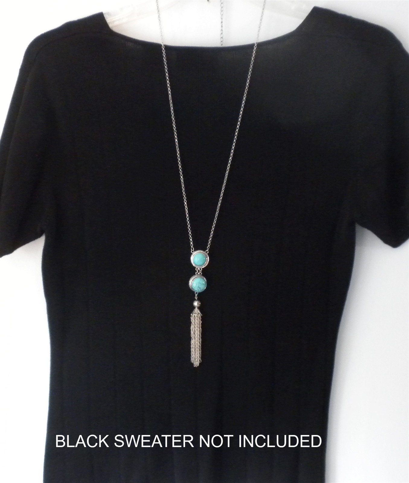 BIG SOUTHWESTERN STYLE TURQUOISE SILVERPLATE 30″ LARIAT PENDANT NECKLACE TASSEL