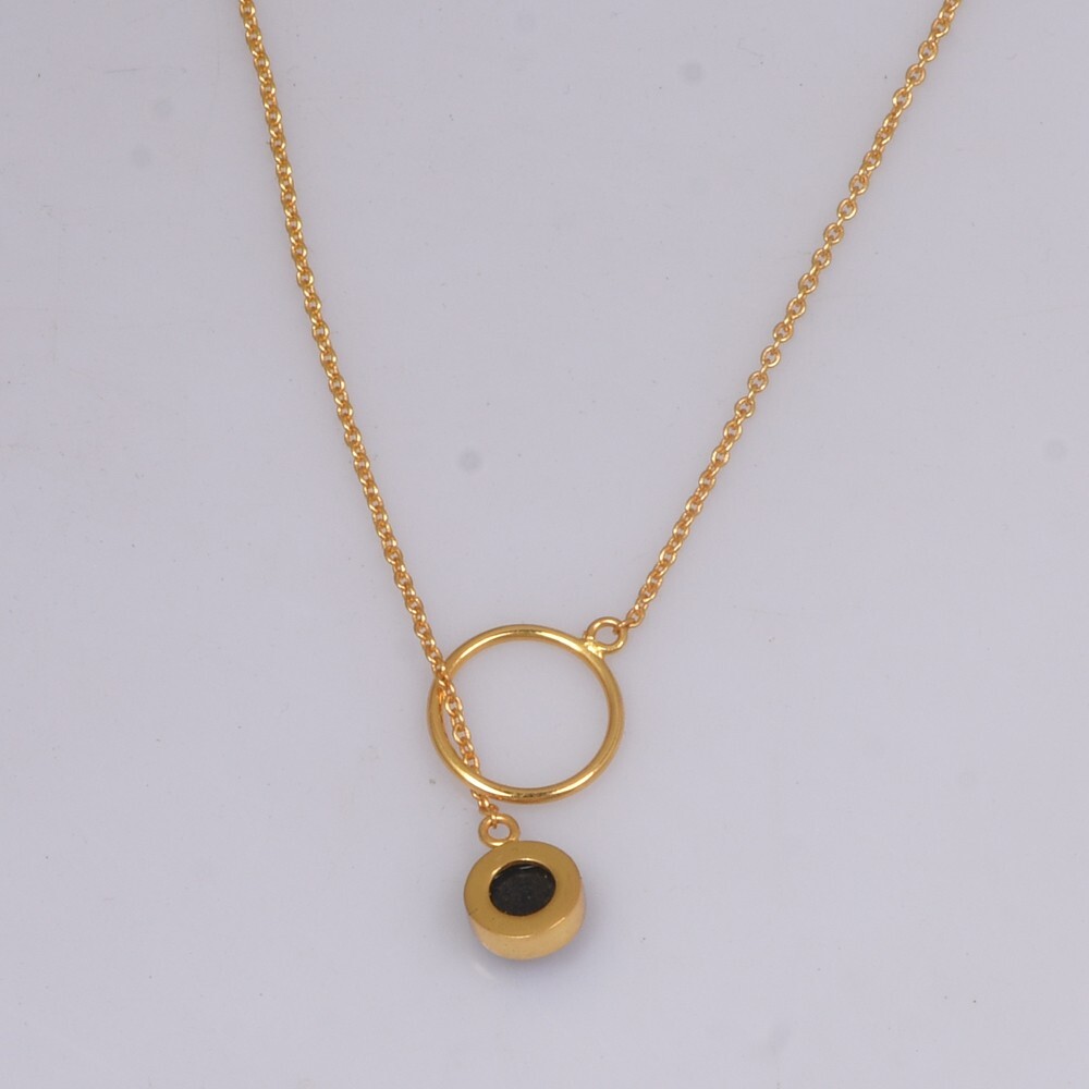 Cross Lariat Chain Pendant Round Lapis Yellow Gold Vintage Minimalist Necklace