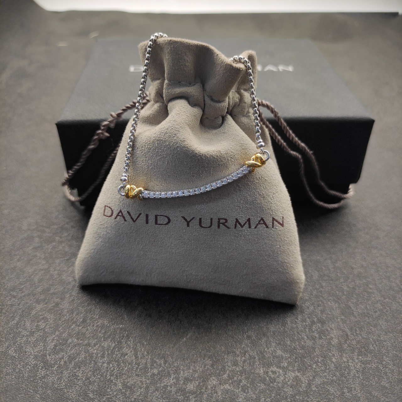 David Yurman 925 Silver 18K Gold Pavé Diamond Bar Adjustable Necklace 55cm