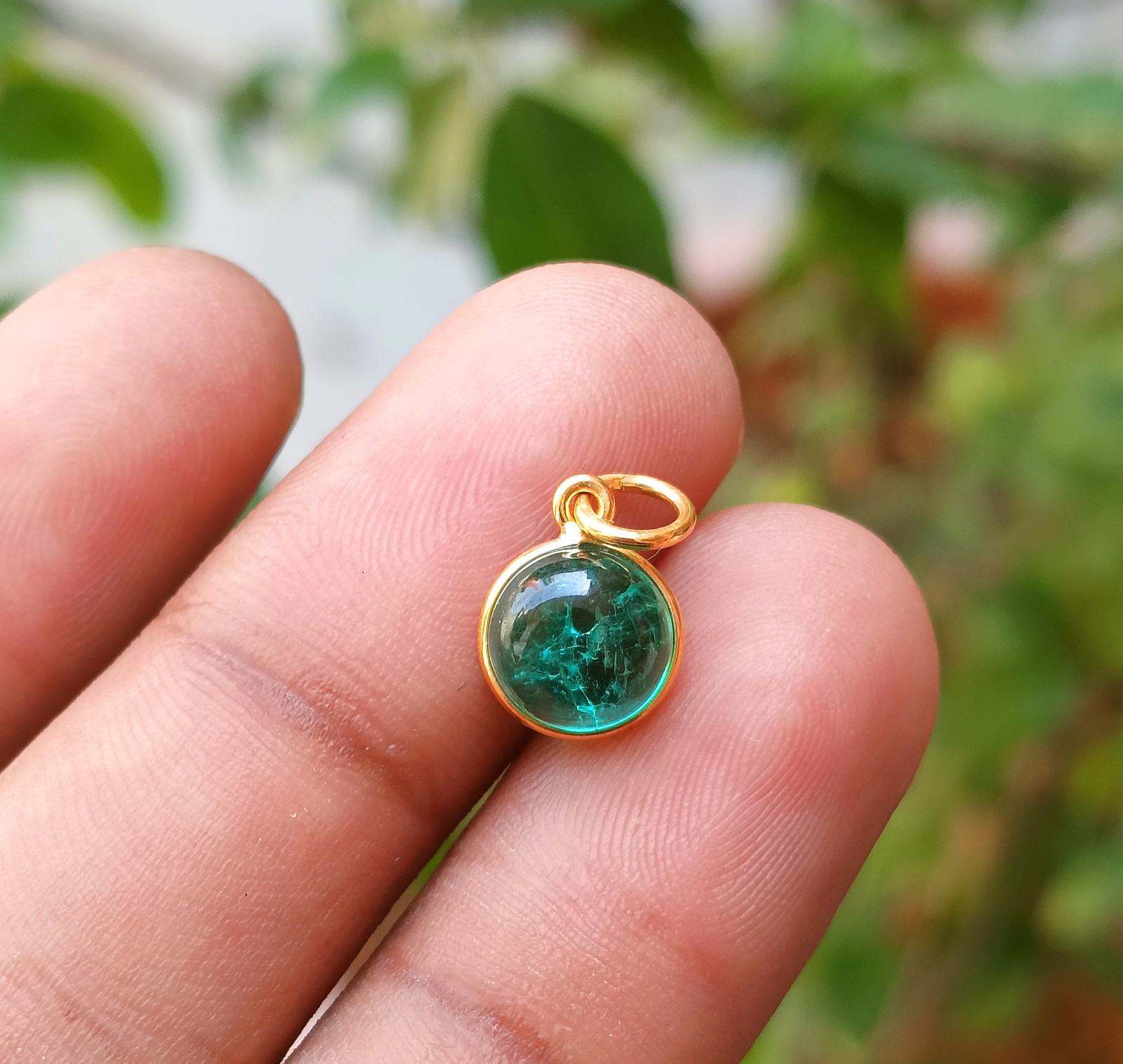 Natural Emerald Round Gold Charm, 18k Solid Gold Charm Handmade Necklace Pendant
