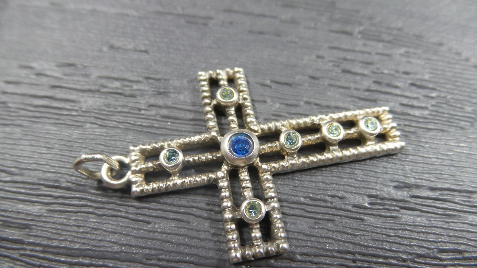 Vintage Sterling Silver Larger Green Blue Stone Religious Cross Rope Pendant