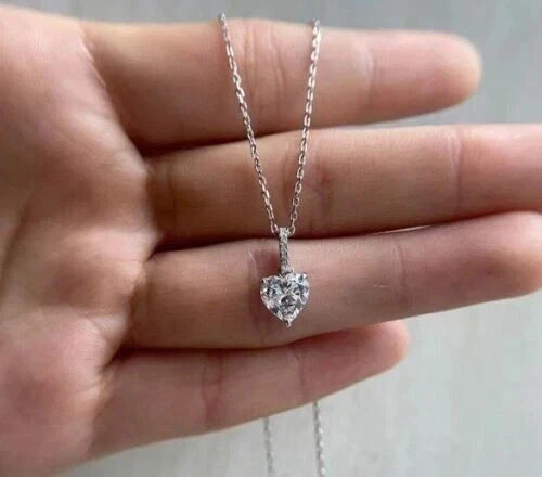 2Ct Heart Cut Lab Created Diamond Solitaire Love Pendant 14K White Gold Plated