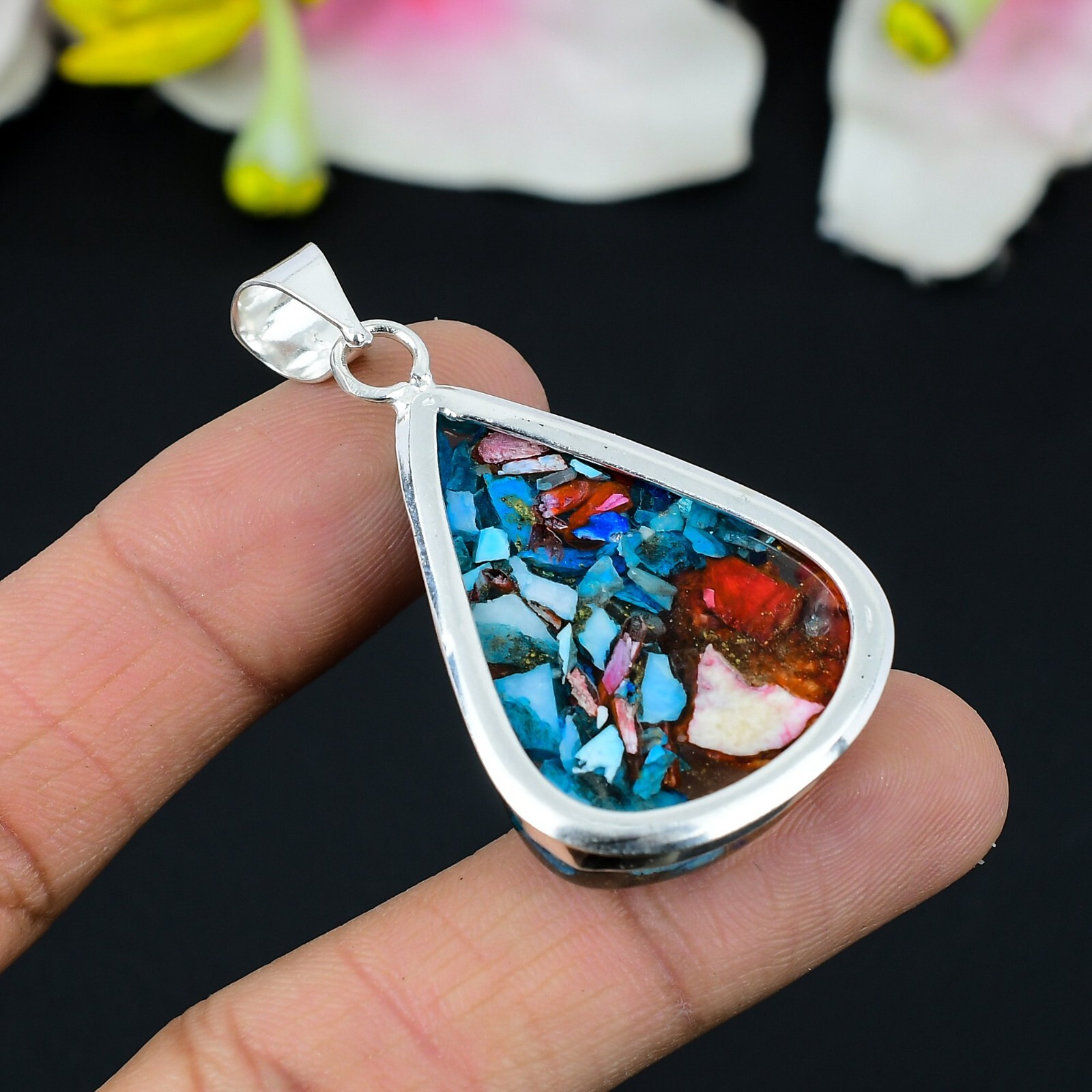 Oyster Copper Turquoise Gemstone 925 Sterling Silver Pendant Jewelry 2.3in”