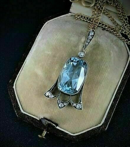 Antique 4 Carat Aquamarine and Diamond Bell Style Pendant 14K White Gold Finish
