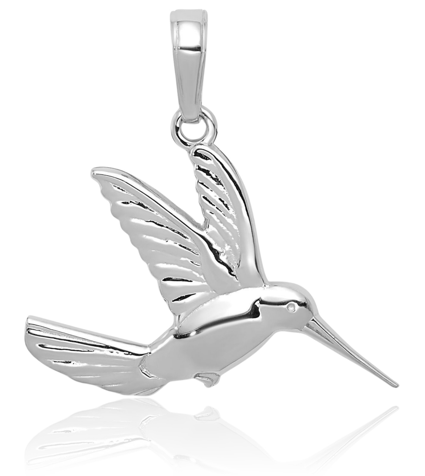 14K Solid White Gold Medium Hummingbird Pendant Necklace 22.8mm 7/8 inch