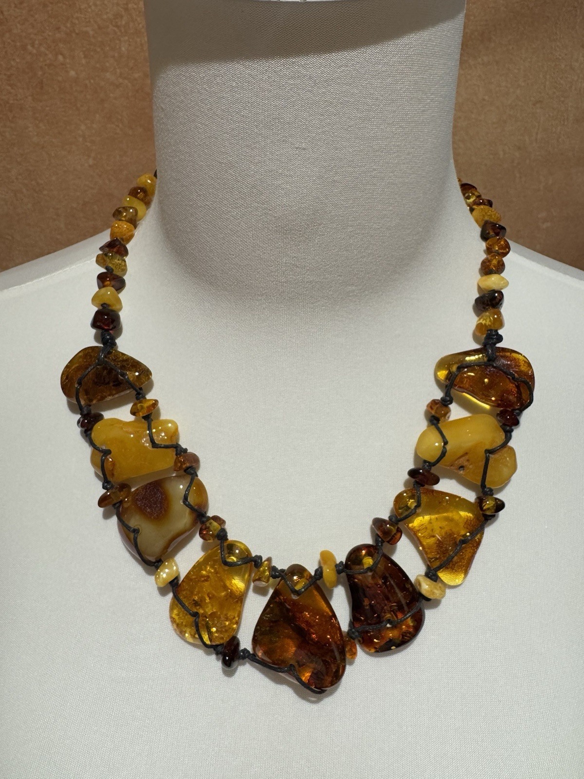 OOAK Natural Baltic Amber Statement Necklace Handmade Freeform Slab Macrame