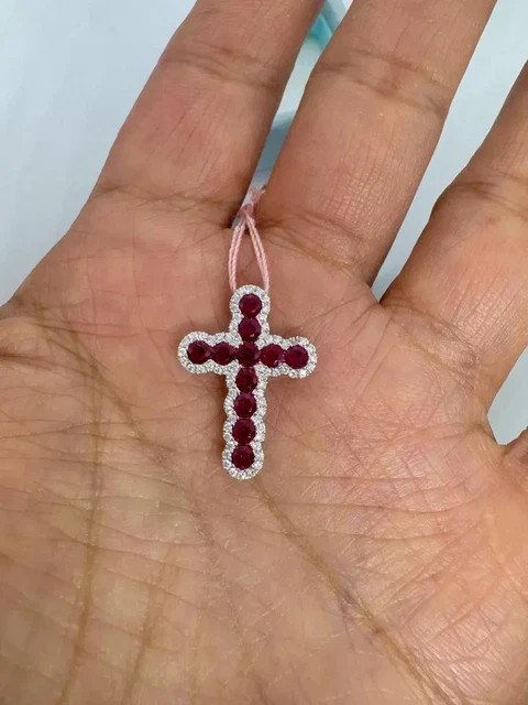 Round Cut Lab-Created Ruby Cross Womens Pendant Free Chain 14K White Gold Plated