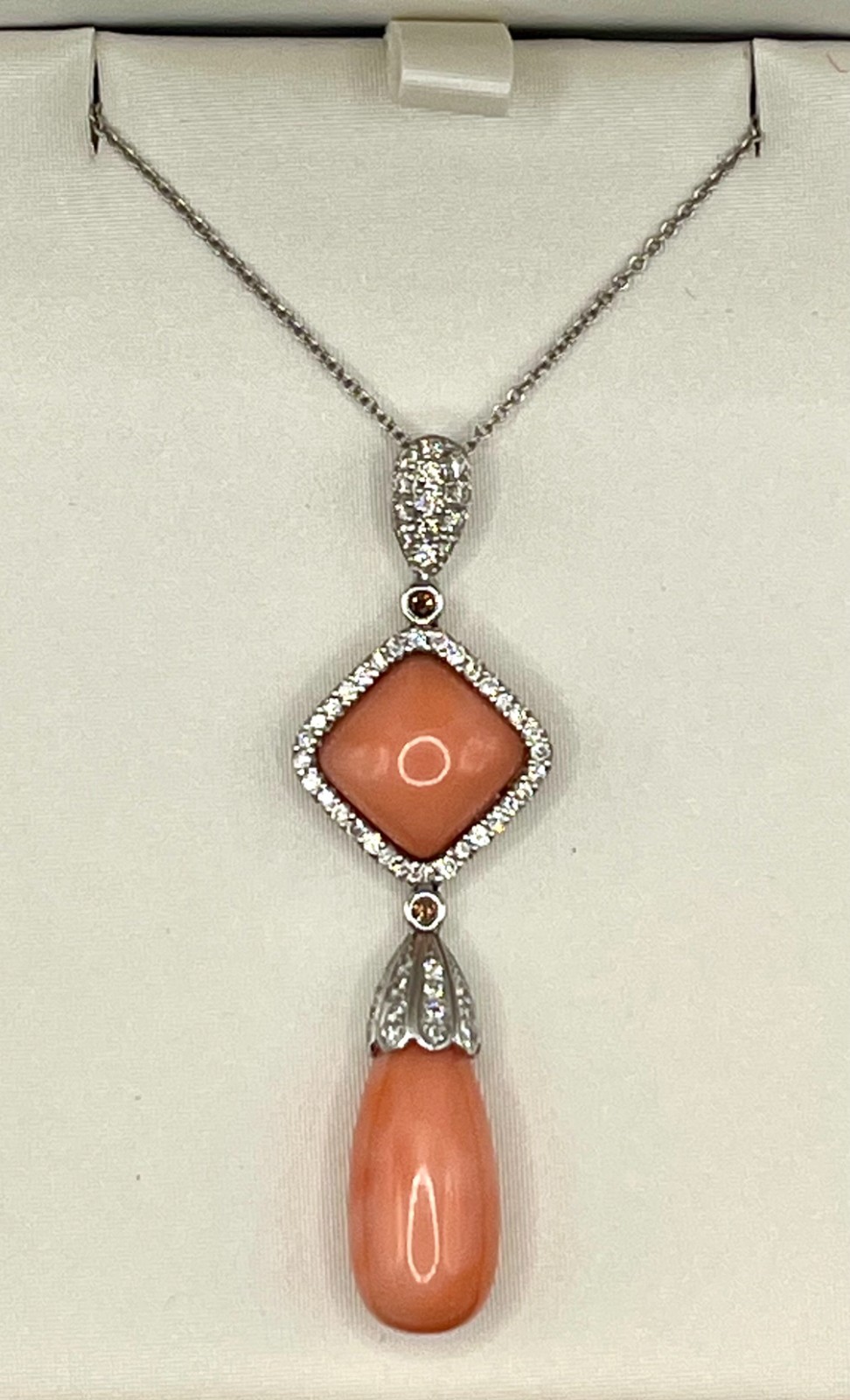 Pink Coral 18K White Gold Pendant and Necklace with Diamonds, 15″ Length