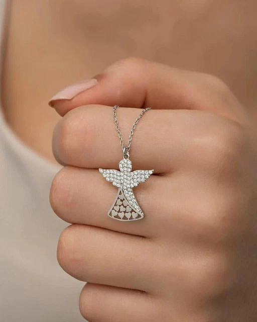 1.2 Ct Round Cut Real Moissanite Angel Wings Pendant 14K White Gold Plated