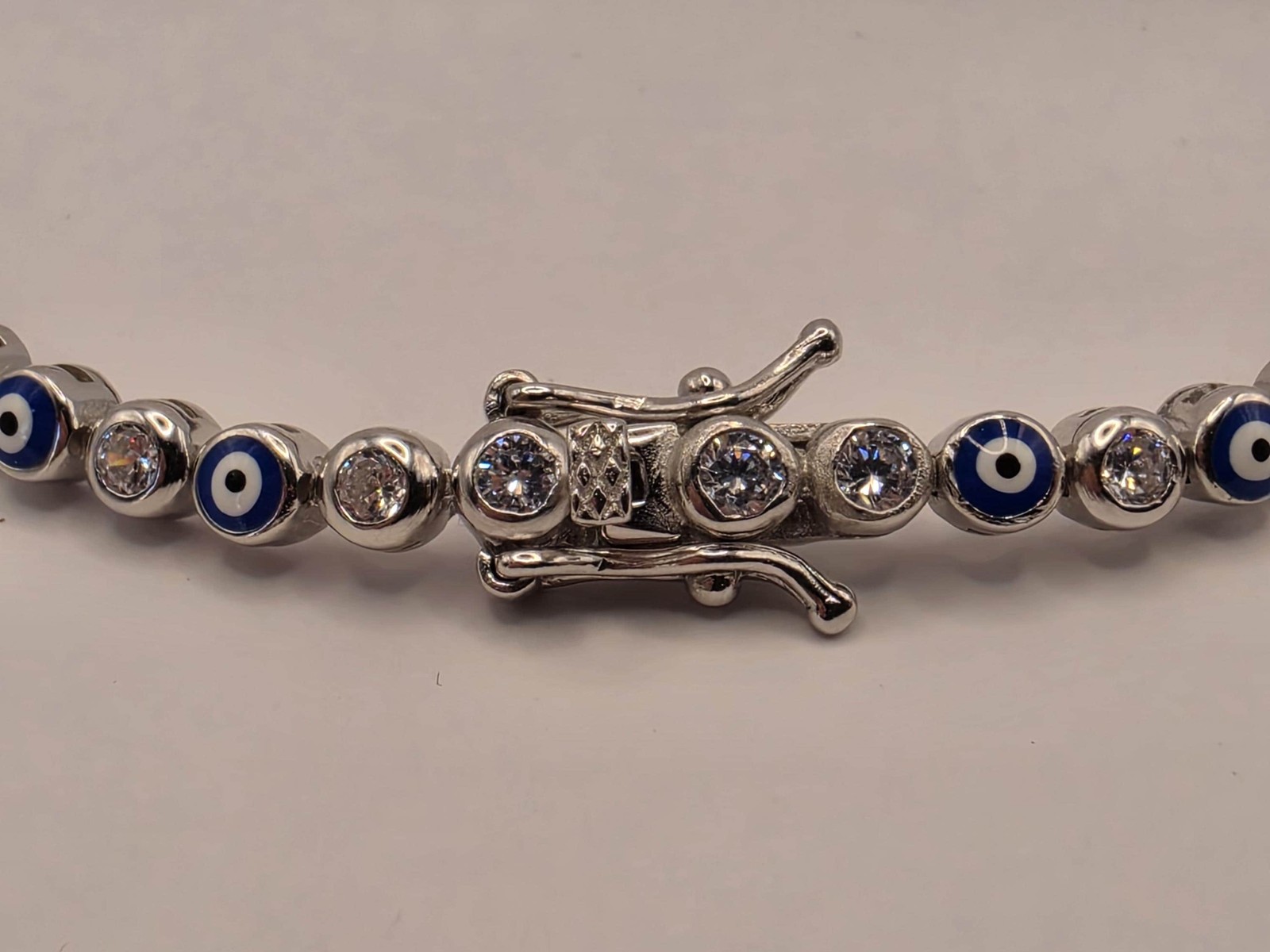 Sterling Silver Evil Eye Tennis Bracelet | 925 Silver | 7.5 Inch | Blue & White