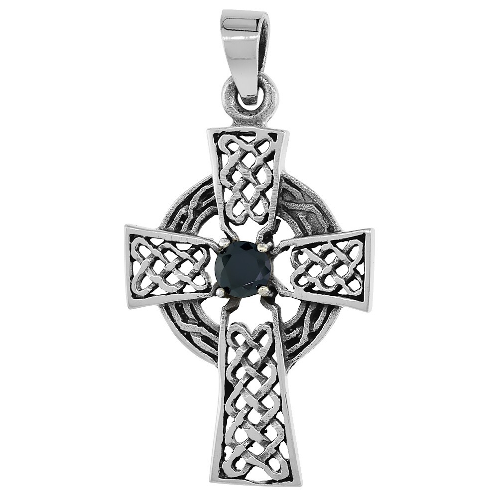925 Sterling Silver Large Celtic Cross with CZ Pendant 1 1/2 (38mm) Inch Tall