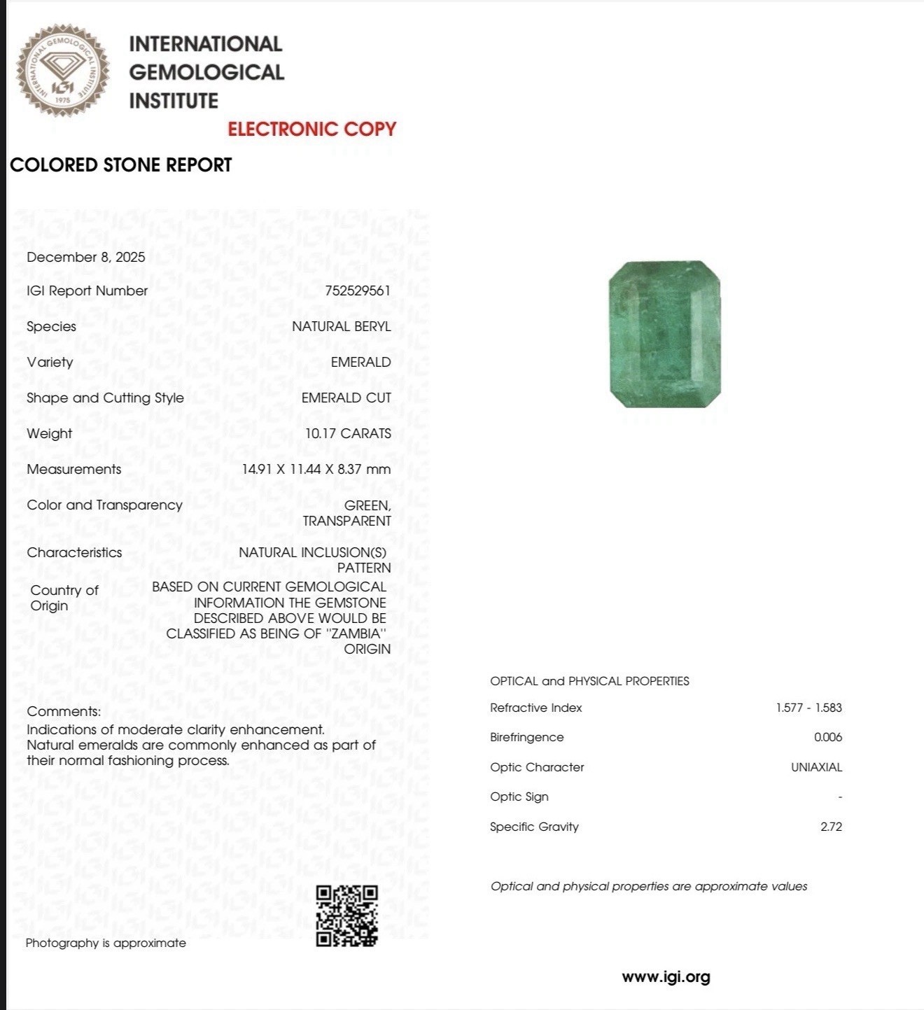 IGI Certified 10.17 Ct Natural Zambian Emerald 14K Gold Diamond Pendant
