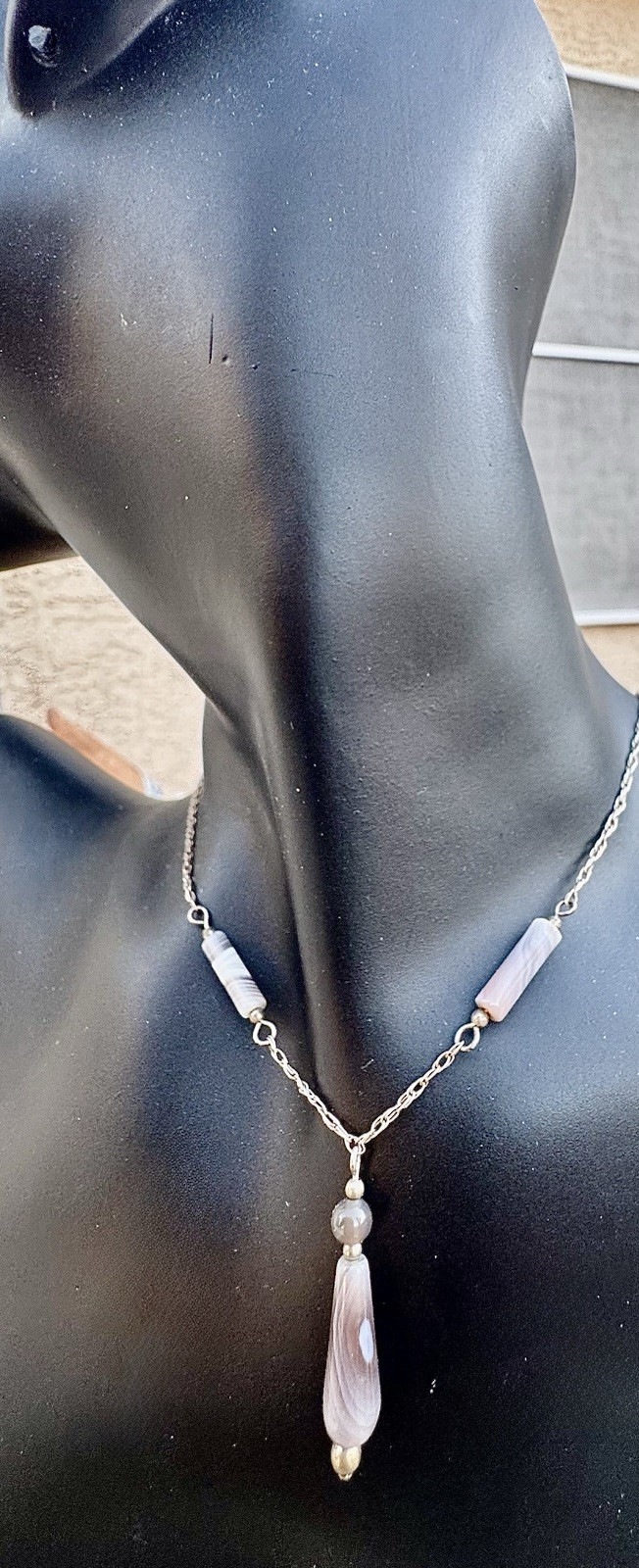 Sterling Silver 925 Muted Earth-tone Y Drop Agate Layered Stones / 18” Necklace