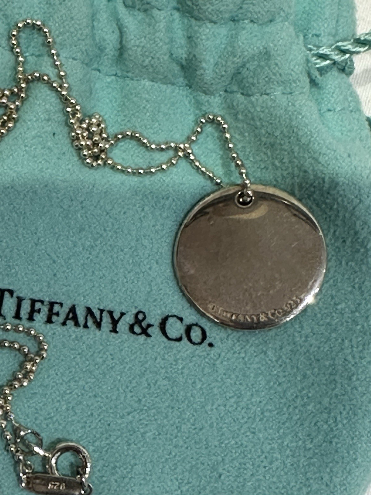 TIFFANY & CO INITIAL “L” DISC NECKLACE WITH BALL CHAIN AND POUCH