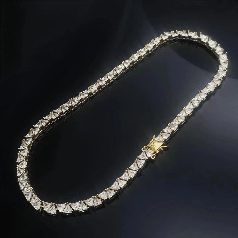 20T CW Trillion Cut Lab Created Diamond Tennis Necklace 14k Yellow Gold Plated