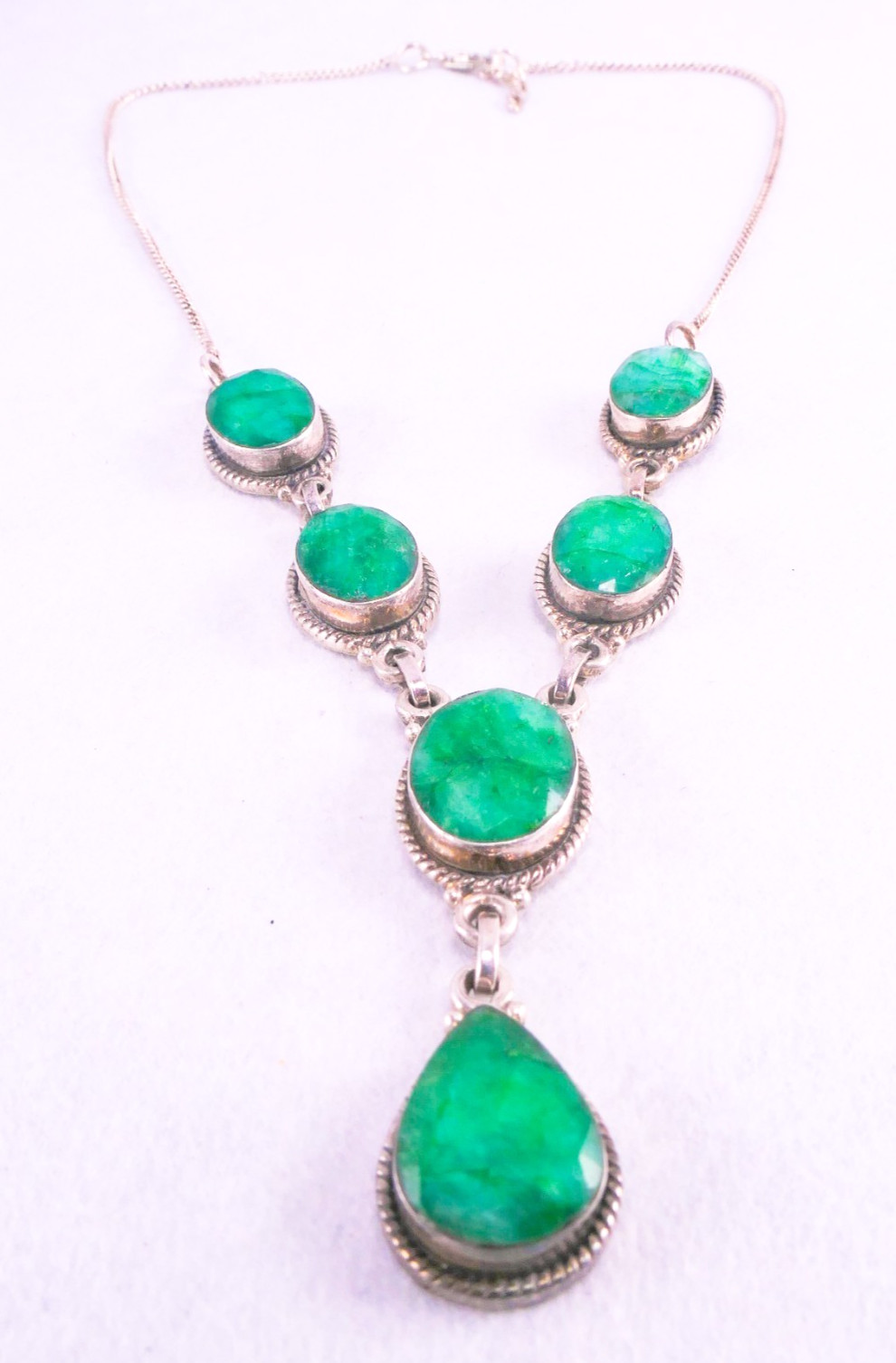 925 Sterling Silver Faceted Raw Emerald Y Drop Necklace 16-17″ 26.94 Grams