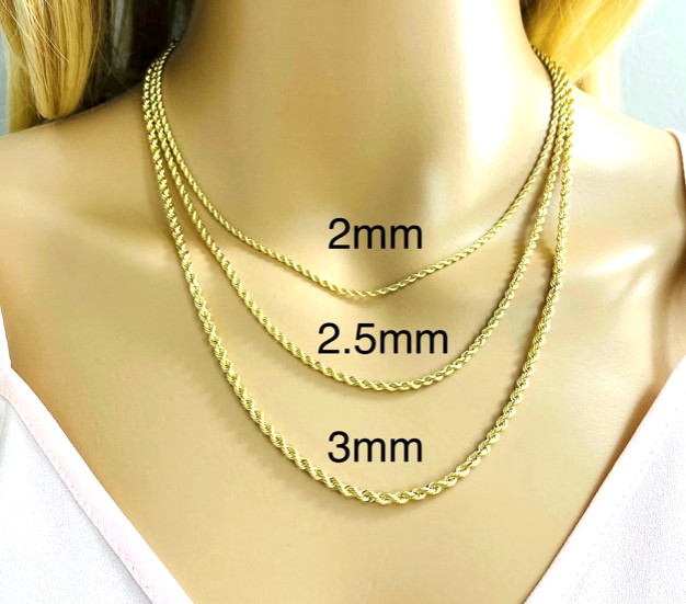 14K Solid Yellow Gold Rope Chain Necklace – 2mm – 2.5mm – 3mm -UNISEX –