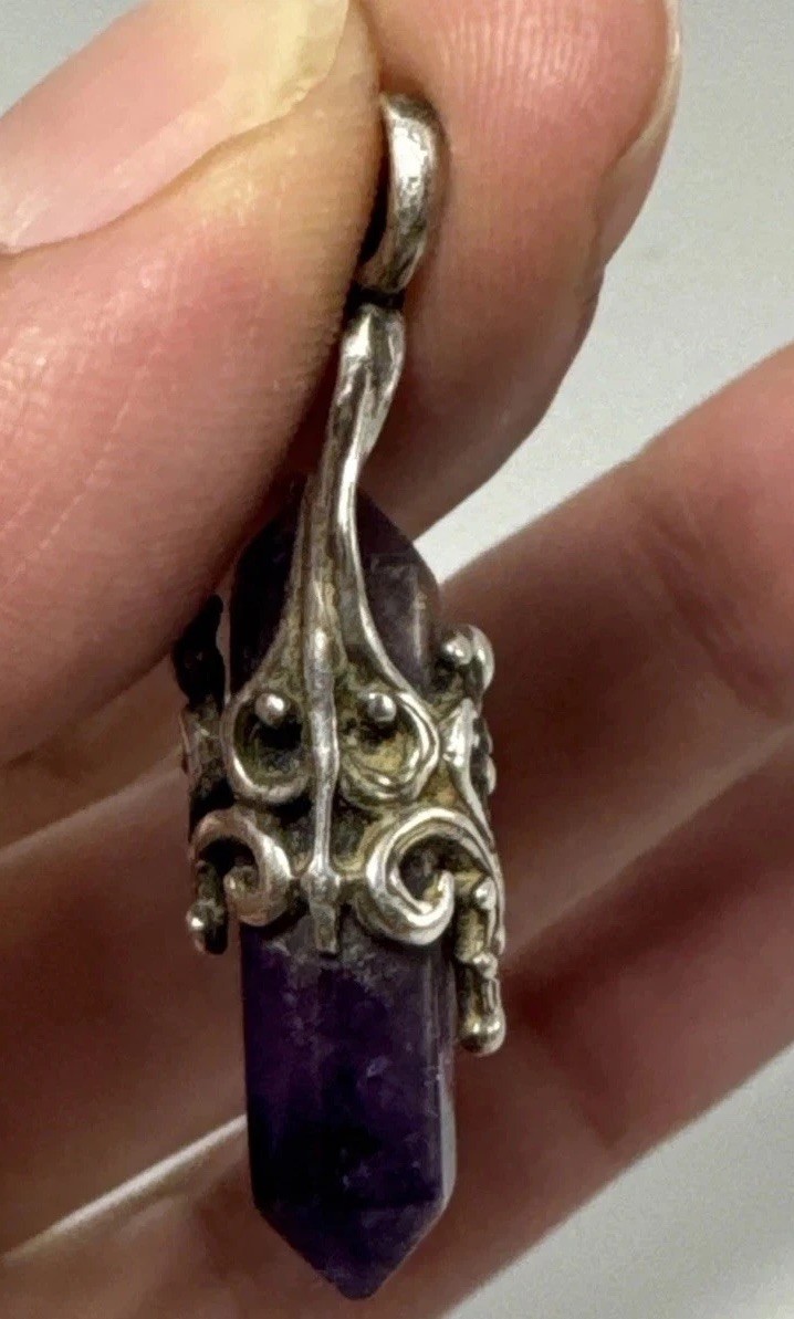 Amethyst Crystal Point Pendant Ornate Silver Tone Filigree Boho 1”