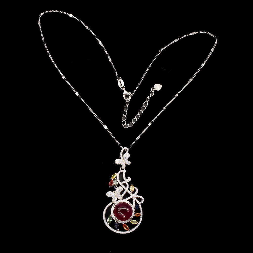 Valentine 925 Silver Necklace Round Ruby 11mm Fire Opal Sapphire Gemstone 16.5in
