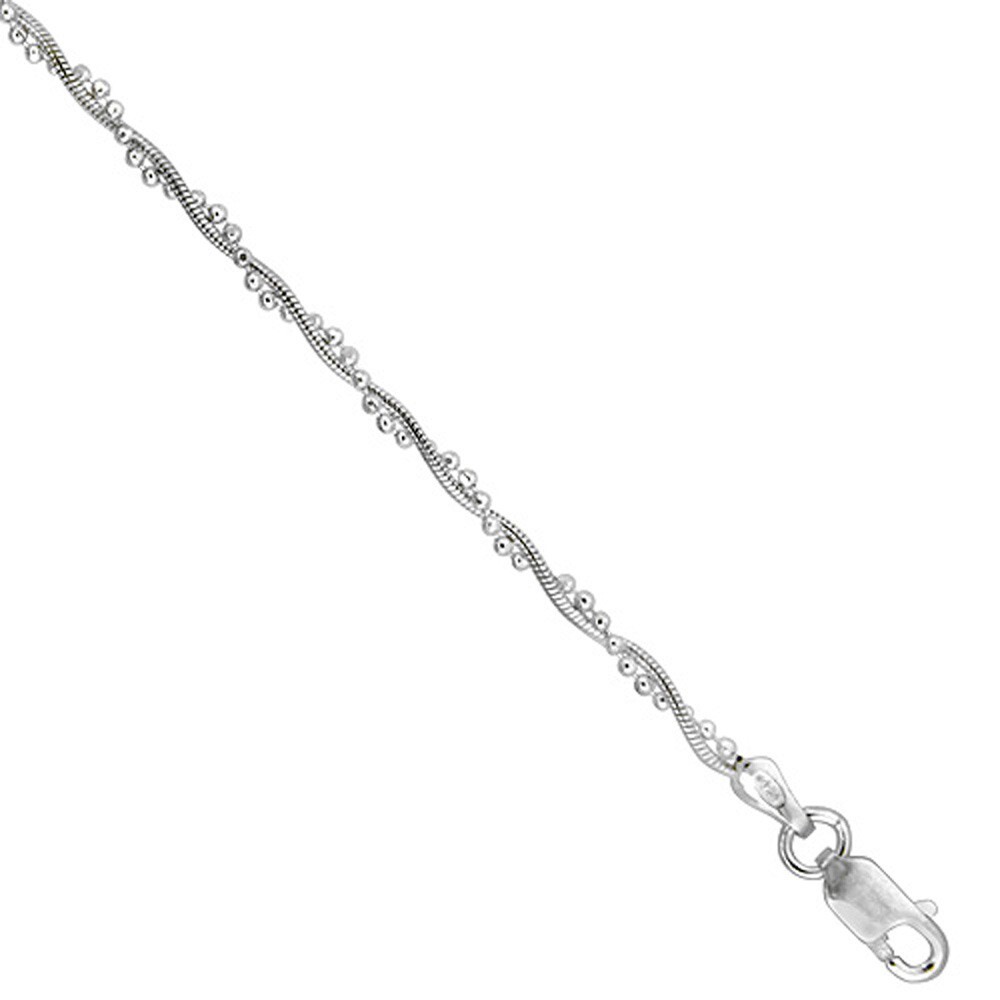 925 Sterling Silver Twisted Bead and Snake Chain Bracelet 3mm 7 Inch Long