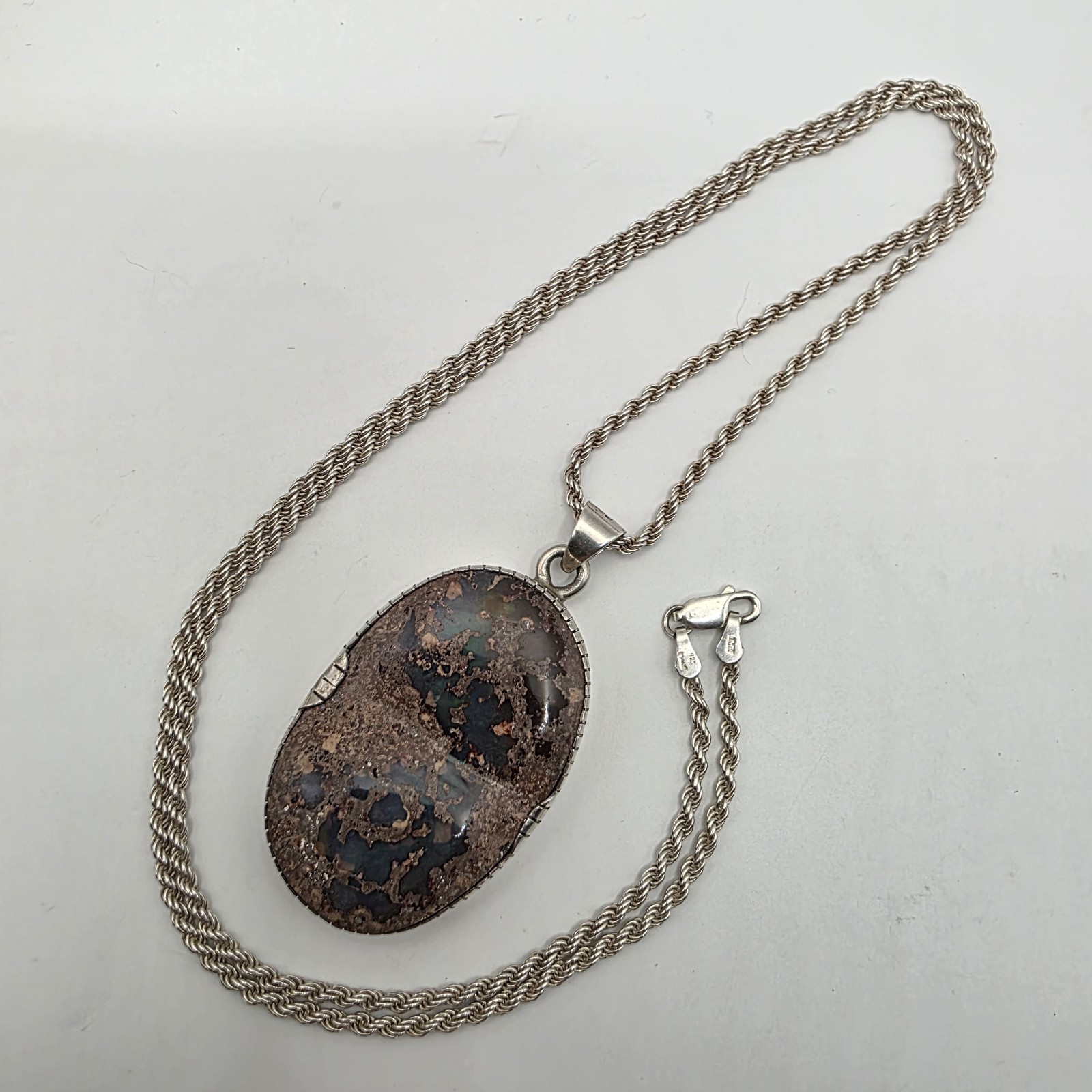 Vtg Natural Australian Boulder Opal Sterling Silver Pendant Necklace 30″ 42.5g