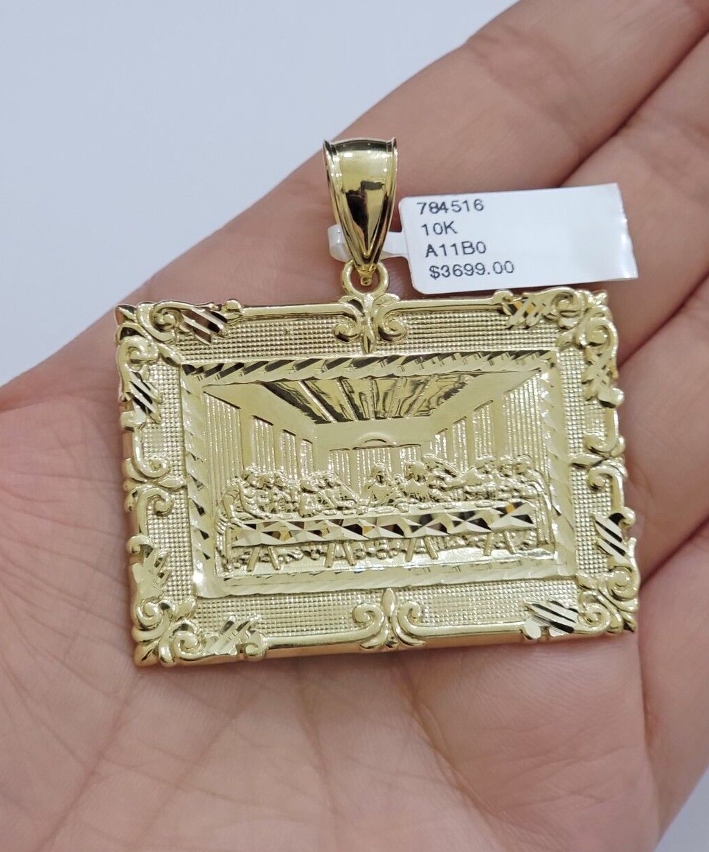 Real 10k Gold Pendant Charm Last Supper Square Jesus 10k Yellow 1.5-3 Inch SALE.