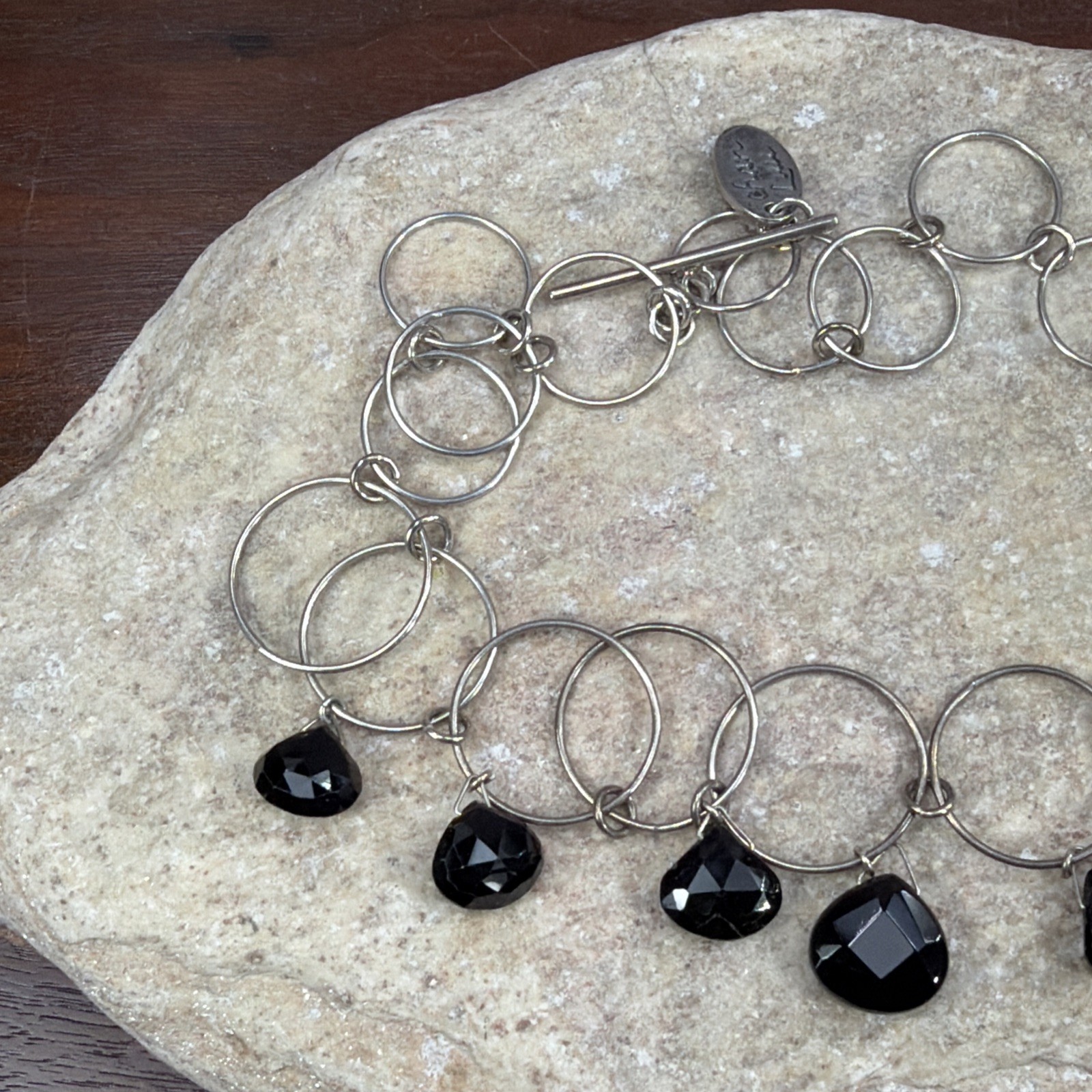 CHAN LUU Layered Necklace Silver Circle Strand Black faceted Crystal Boho 15.5″