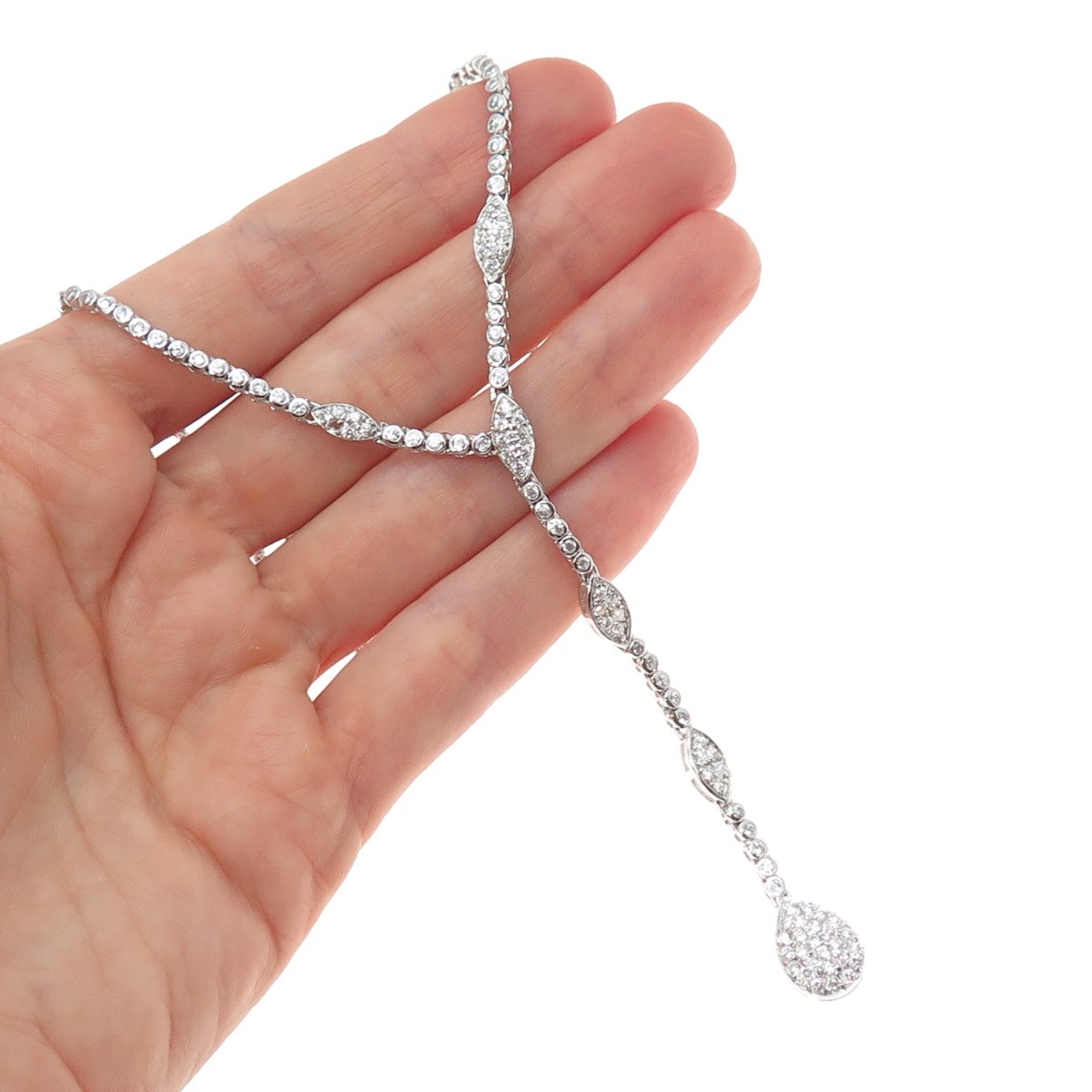 925 Sterling Silver Italy Round-Cut C Z Popcorn Chain Lariat Necklace 16″