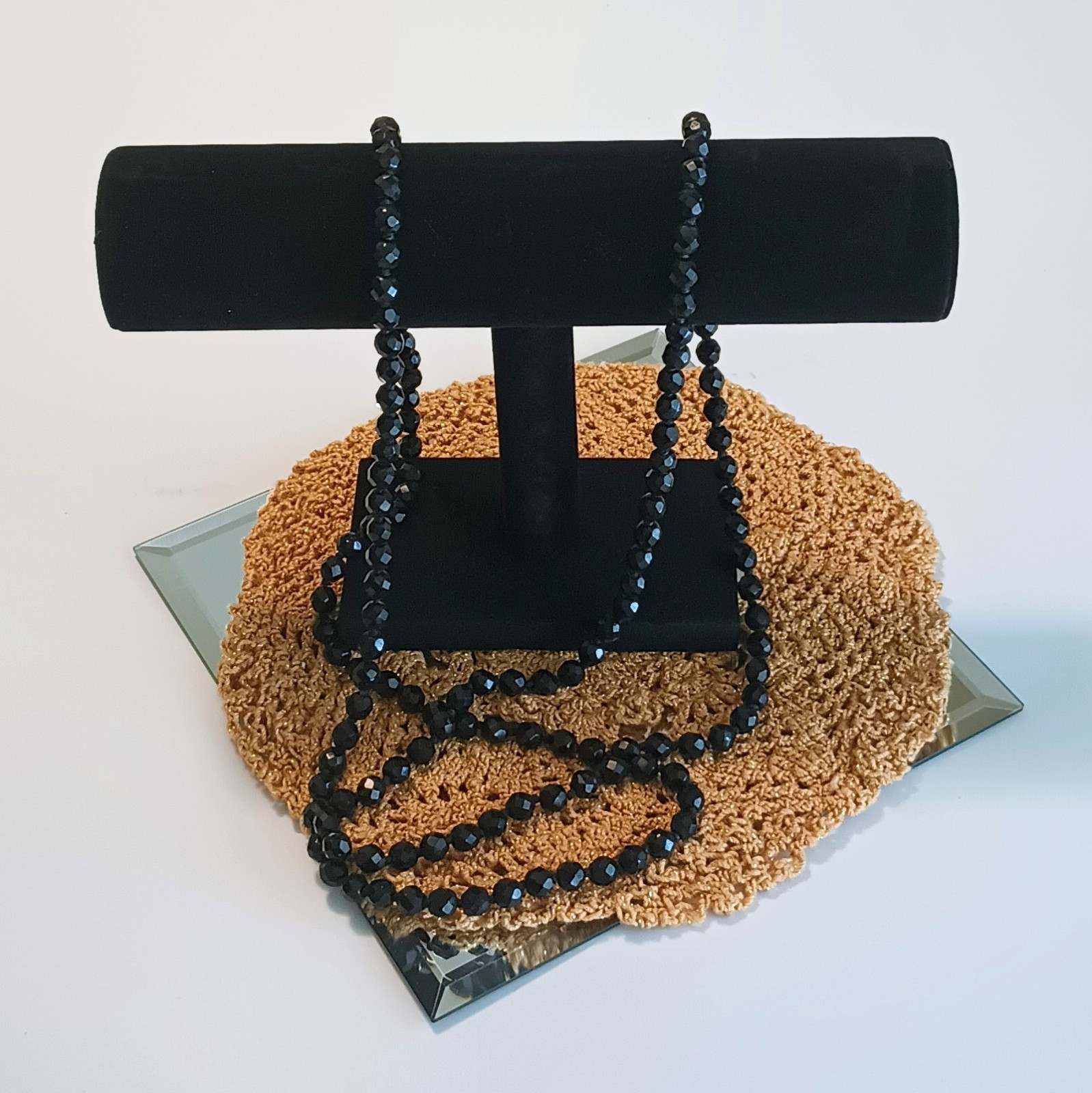 Black Spinel Necklace Faceted Beads 54″ Estate Item 1960s