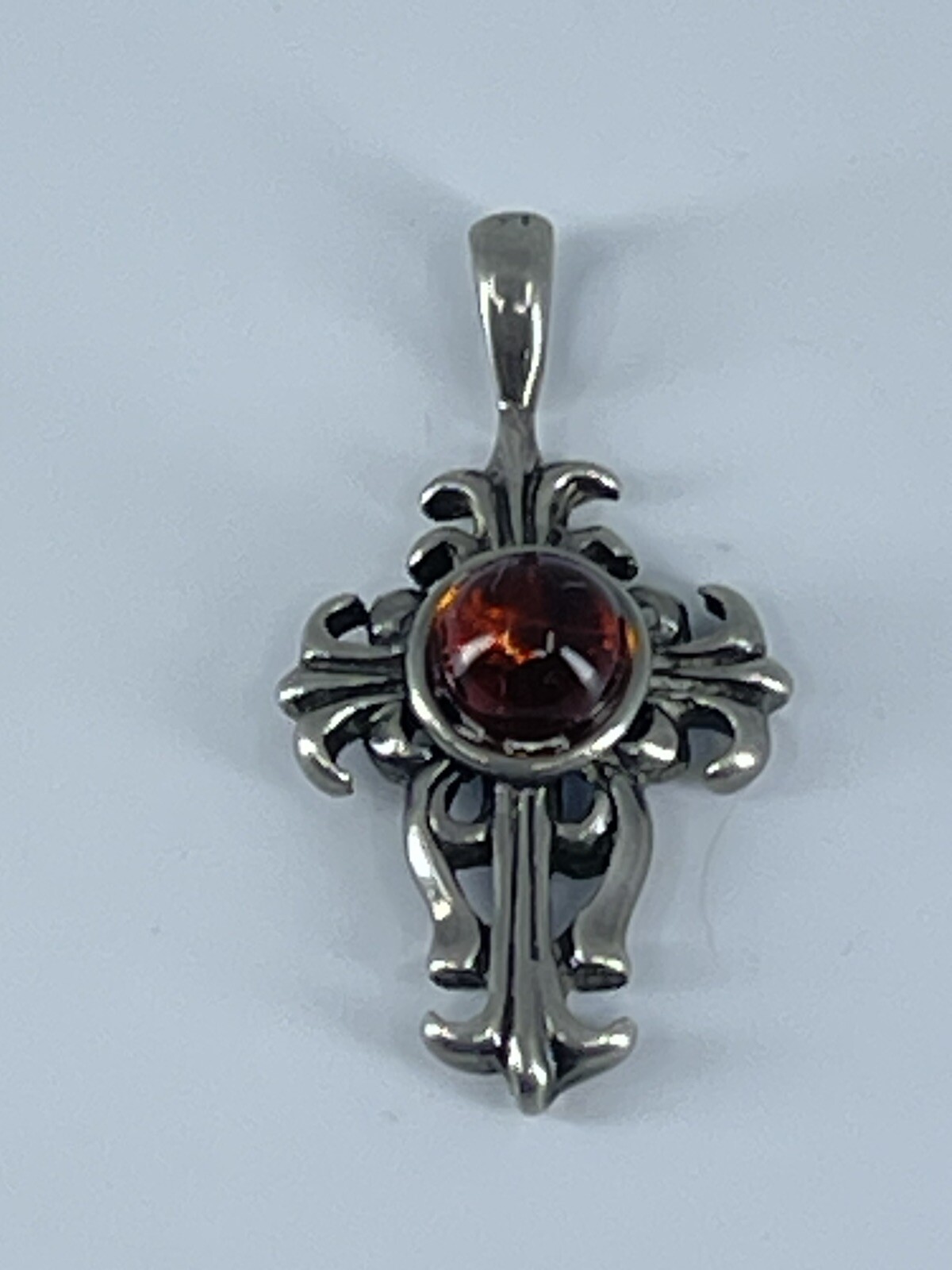 Sterling Silver Cross Pendant small orange cabochon filigree design 1-1/8″