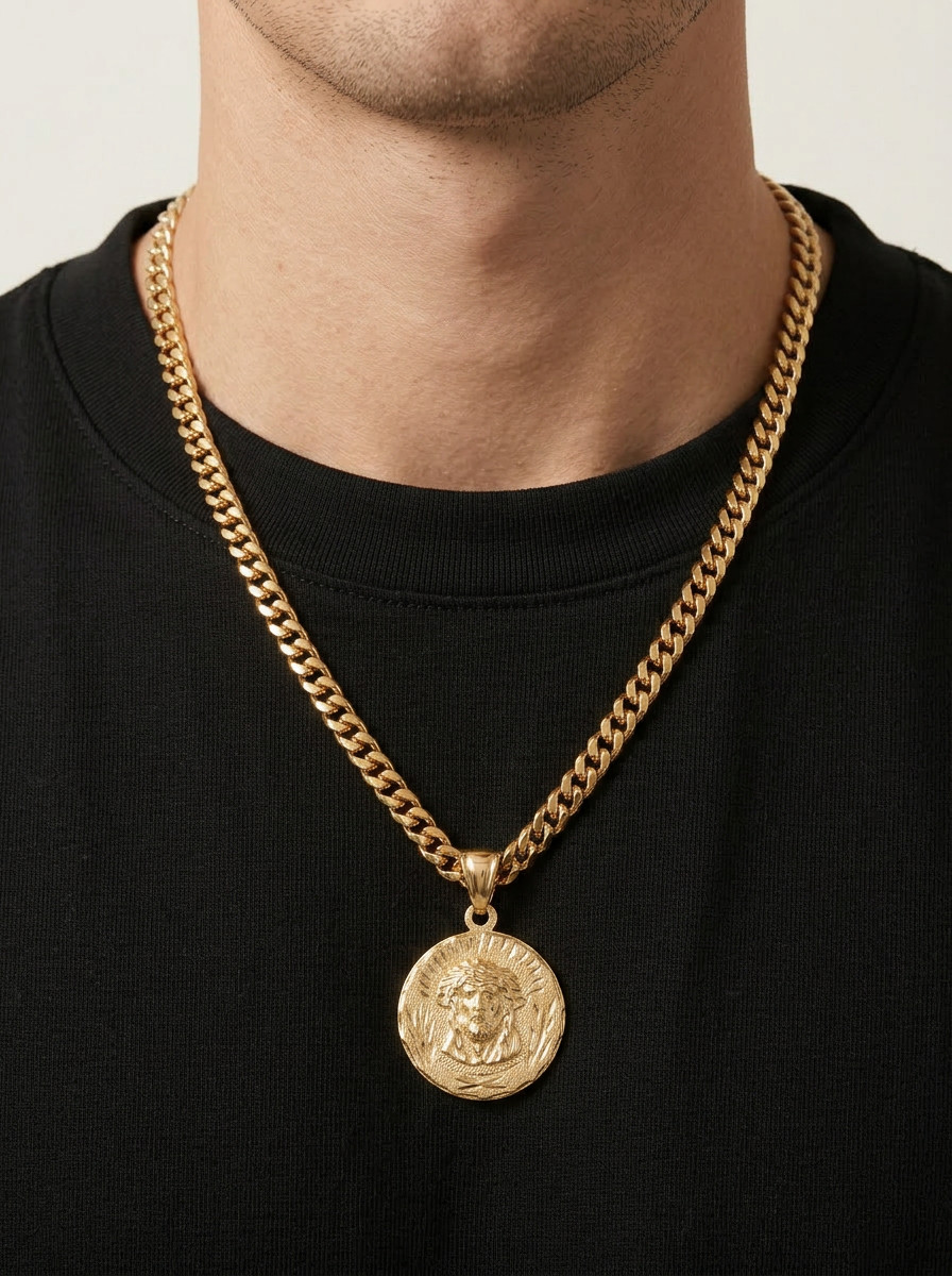 Gold Large Jesus Necklace, 7mm Curb Link, 14k Gold Plated, Waterproof, No Fade