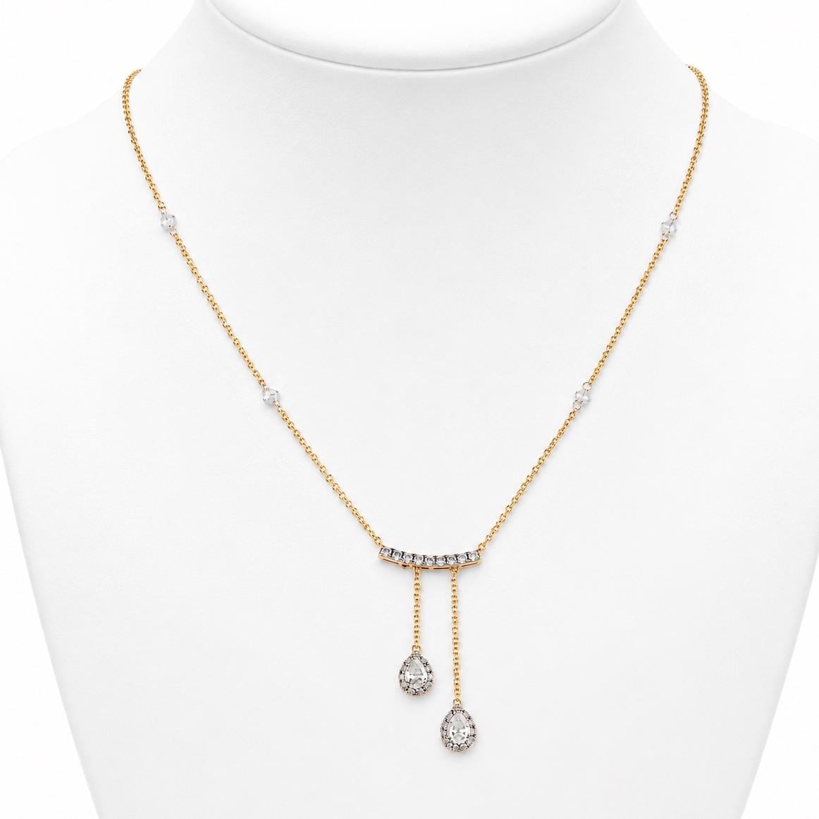 0.91 Natural Diamonds Teardrop Necklace 14k Solid Gold Curved Bar Pave