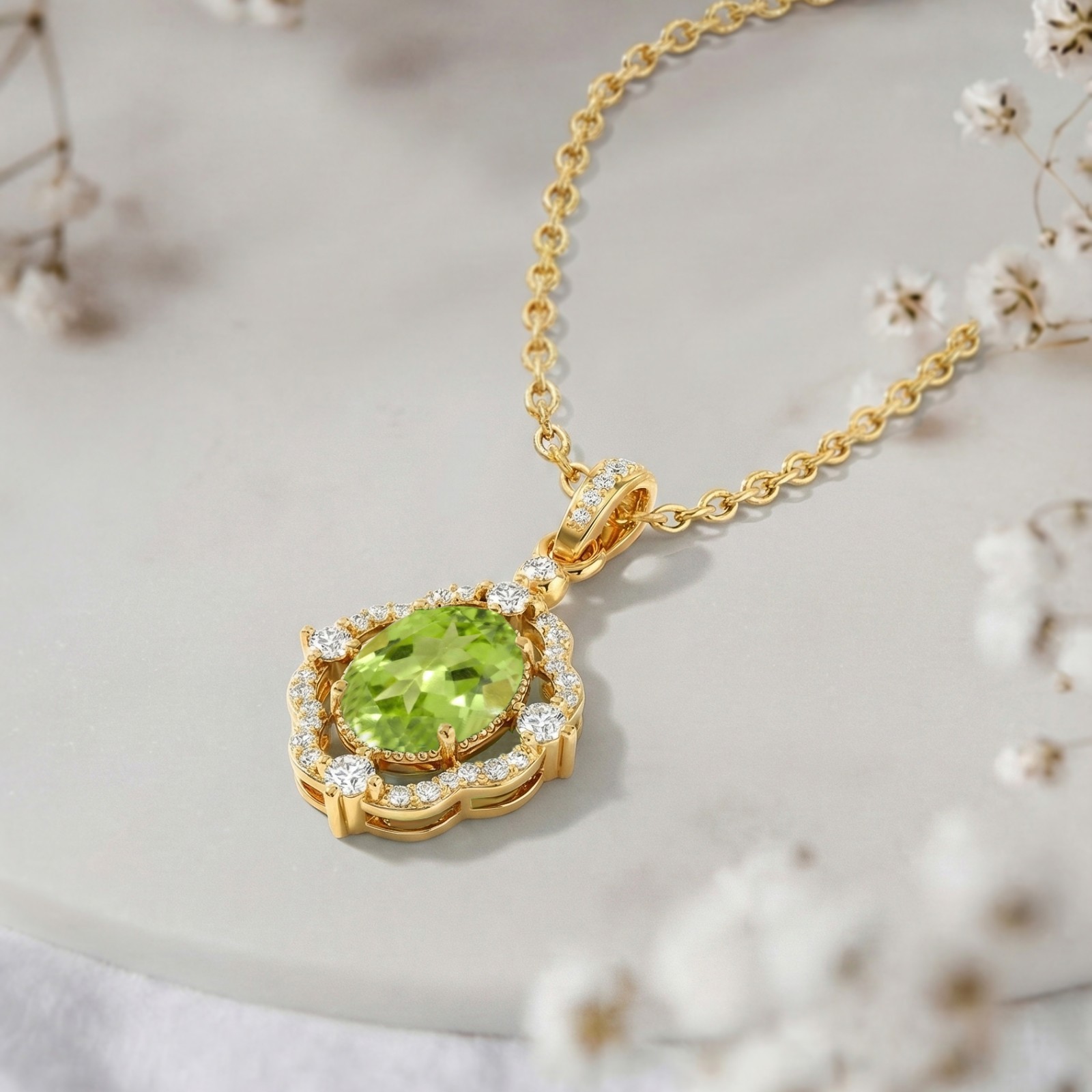 Peridot Necklace Gold Pendant, Green Peridot Halo Necklace, August Birthstone